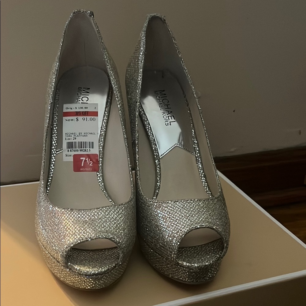 Michael Kors Silver Peep-Toe Heels - Picture 2 of 3